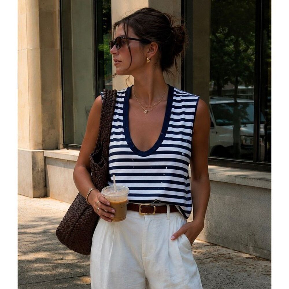 NWT Feel The Piece Terre Jacobs Navy Striped T-shirt Top Paint Accents SZ XS/S